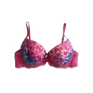 Y2k Playboy Intimates Bunny Logo Underwire Pink Blue Lace Push Up Sz 36C Sexy